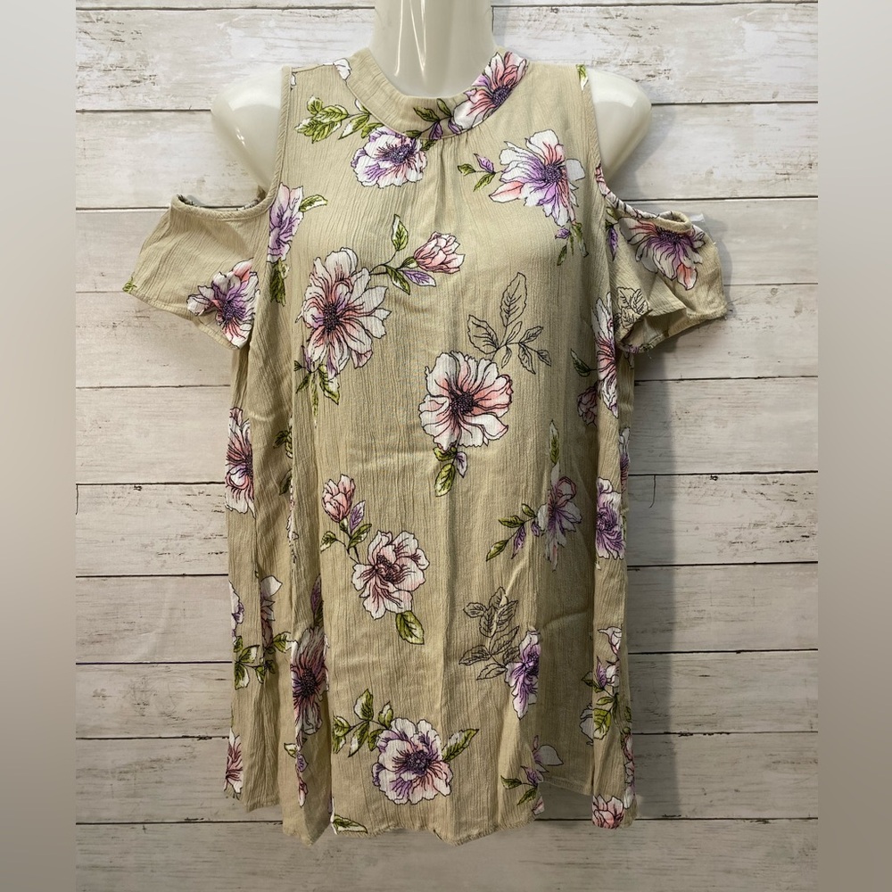 Rokoko Women’s Small Top Beige Floral Flowers Tie back Cold Shoulder Sleeve